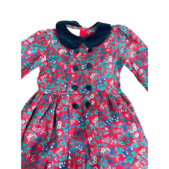 Vintage Jenny Mcdowell Girls Floral Dress Red Blue Velvet Button England Size 6 - Picture 5 of 11
